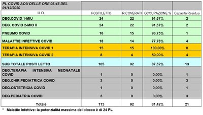 Situazione posti letto reparti Covid - 1 dicembre 2020 - ore 8.45.jpg