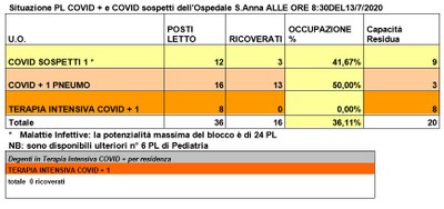 Situazione posti letto reparti Covid - 13 luglio 2020 - ore 8.30.jpg