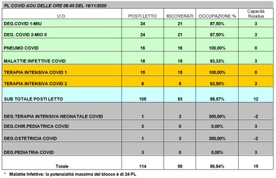 Situazione posti letto reparti Covid - 16 novembre 2020 - ore 8.30.jpg