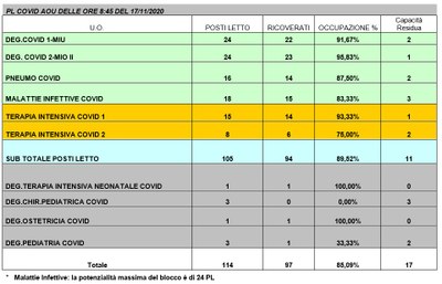 Situazione posti letto reparti Covid - 17 novembre 2020 - ore 8.30.jpg