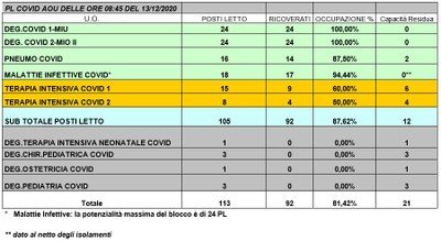 Situazione posti letto reparti Covid -13 dicembre 2020 - ore 8.45.jpg