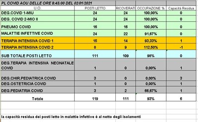 Situazione posti letto reparti Covid -2 gennaio 2021 - ore 8.30.jpg