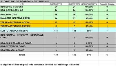 Situazione posti letto reparti Covid 1 febbraio 2021 - ore 8.30.jpg