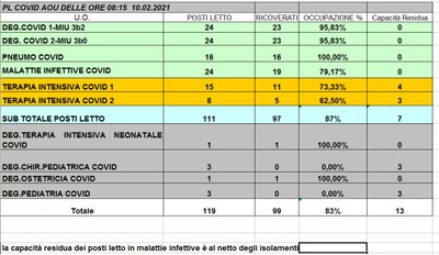 Situazione posti letto reparti Covid 10 febbraio 2021 - ore 8.30.jpg
