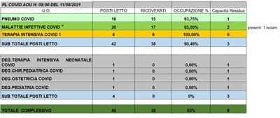 Situazione posti letto reparti Covid 11 agosto 2021 - ore 9.00.jpg
