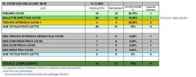 Situazione posti letto reparti Covid 11 novembre 2021 - ore 8.30.jpg