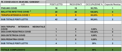 Situazione posti letto reparti Covid 12 Agosto 2021 - ore 8.45.jpg