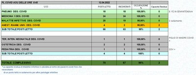 Situazione posti letto reparti Covid 12 aprile 2022 - ore 8.45.jpg