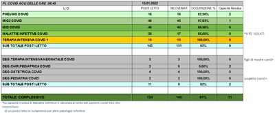 Situazione posti letto reparti Covid 13 Gennaio 2022 - ore 8.45.jpg