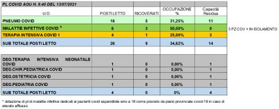 Situazione posti letto reparti Covid 13 Luglio 2021 - ore 8.40.jpg