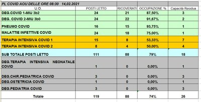 Situazione posti letto reparti Covid 14 febbraio 2021 - ore 8.30.jpg
