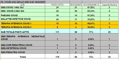 Situazione posti letto reparti Covid 16 febbraio 2021 - ore 8.30.jpg