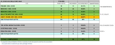 Situazione posti letto reparti Covid 17 Febbraio 2022 - ore 8.45.jpg