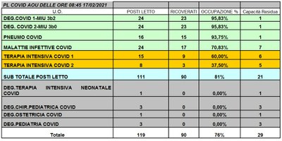 Situazione posti letto reparti Covid 17 febbraio 2021 - ore 8.30.jpg