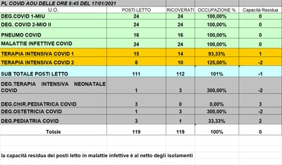 Situazione posti letto reparti Covid 17 gennaio 2021 - ore 8.45.jpg