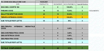 Situazione posti letto reparti Covid 18 Agosto 2021 - ore 8.45.jpg