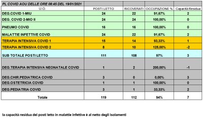 Situazione posti letto reparti Covid 19 gennaio 2021 - ore 8.45.jpg