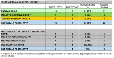 Situazione posti letto reparti Covid 19 luglio 2021 - ore 8.30.jpg