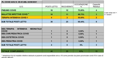 Situazione posti letto reparti Covid 2 agosto 2021 - ore 8.45.jpg