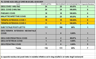 Situazione posti letto reparti Covid 2 febbraio 2021 - ore 8.30.jpg