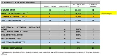 Situazione posti letto reparti Covid 22 luglio 2021 - ore 8.30.jpg