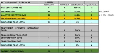 Situazione posti letto reparti Covid 23 agosto 2021 - ore 8.30.jpg