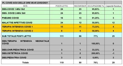 Situazione posti letto reparti Covid 23 febbraio 2021 - ore 8.45.jpg