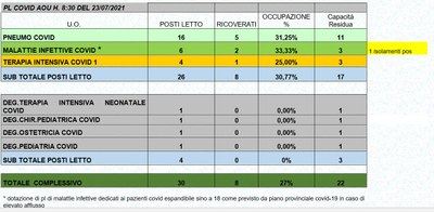 Situazione posti letto reparti Covid 23 luglio 2021 - ore 8.30.jpg