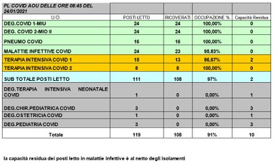 Situazione posti letto reparti Covid 24 gennaio 2021 - ore 8.30.jpg