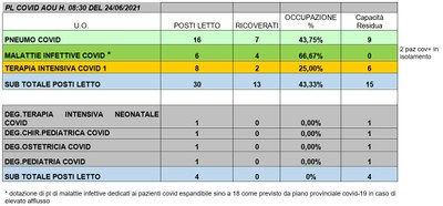Situazione posti letto reparti Covid 24 giugno 2021 - ore 8.30.jpg