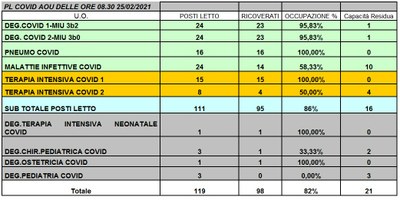 Situazione posti letto reparti Covid 25 febbraio 2021 - ore 8.30.jpg