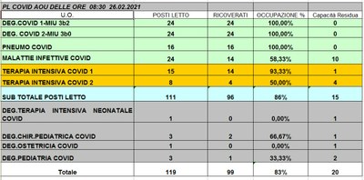 Situazione posti letto reparti Covid 26 febbraio 2021 - ore 8.30.jpg