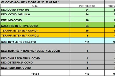 Situazione posti letto reparti Covid 28 febbraio 2021 - ore 8.30.jpg