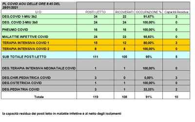 Situazione posti letto reparti Covid 28 gennaio 2021 - ore 8.45.jpg