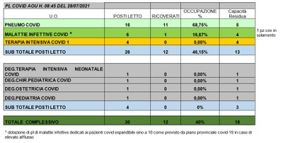 Situazione posti letto reparti Covid 28 luglio 2021 - ore 8.30.jpg