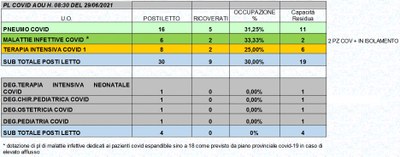 Situazione posti letto reparti Covid 29 Giugno 2021 - ore 8.30.jpg