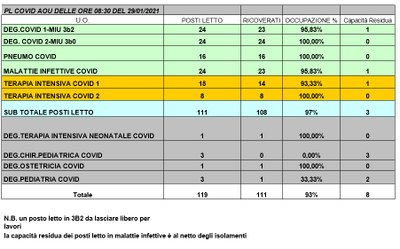 Situazione posti letto reparti Covid 29 gennaio 2021 - ore 8.45.jpg