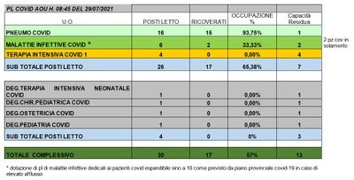 Situazione posti letto reparti Covid 29 luglio 2021 - ore 8.30.jpg