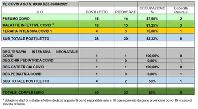 Situazione posti letto reparti Covid 3 agosto 2021 - ore 8.30.jpg