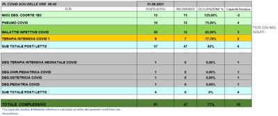 Situazione posti letto reparti Covid 31 agosto 2021 - ore 8.45.jpg