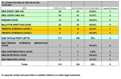 Situazione posti letto reparti Covid 31 gennaio 2021 - ore 8.45.jpg