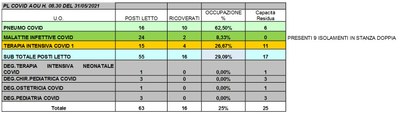 Situazione posti letto reparti Covid 31 maggio 2021 - ore 8.30.jpg