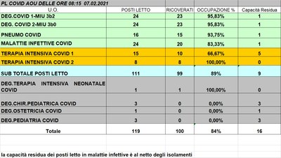 Situazione posti letto reparti Covid 7 febbraio 2021 - ore 8.15.jpg