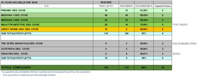 Situazione posti letto reparti Covid 9 Febbraio 2022 - ore 8.45.jpg