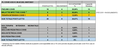 Situazione posti letto reparti Covid 9 luglio 2021 - ore 8.30.jpg