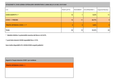 Situazione posti letto reparti Covid - 25 luglio 2020 - ore 8.30