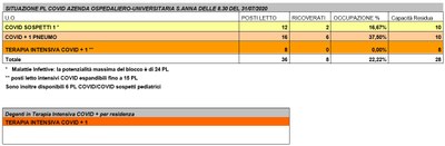 Situazione posti letto reparti Covid - 31 luglio 2020 - ore 8.30