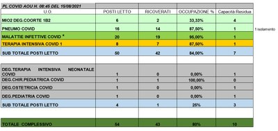 Situazione posti letto reparti Covid 15 Agosto 2021 - ore 8.45.jpg
