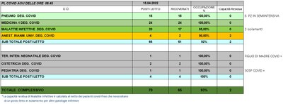 Situazione posti letto reparti Covid 15 aprile 2022 - ore 8.45.jpg