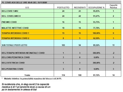 Situazione posti letto reparti Covid - 15 novembre 2020 - ore 8.30.jpg